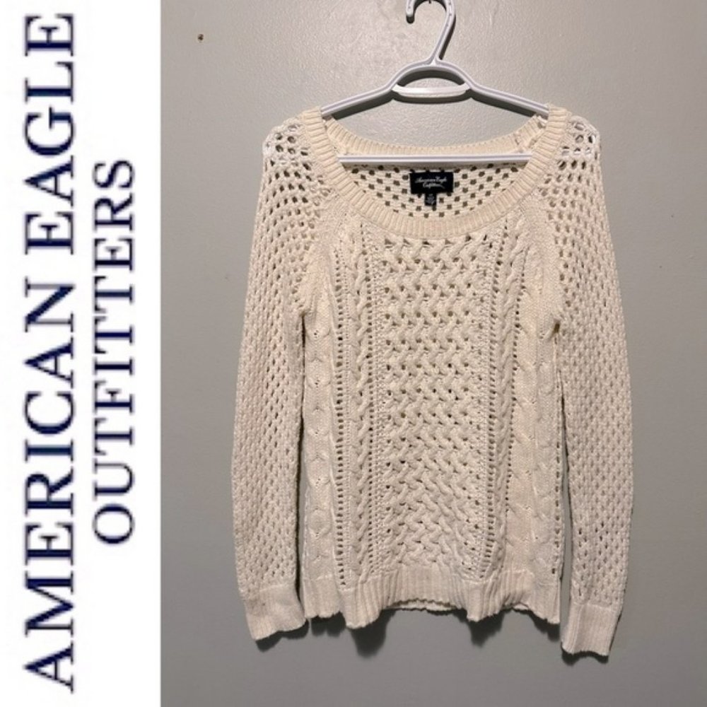 American Eagle Cream Crochet Knit Scoop Neck Sweater Size Small